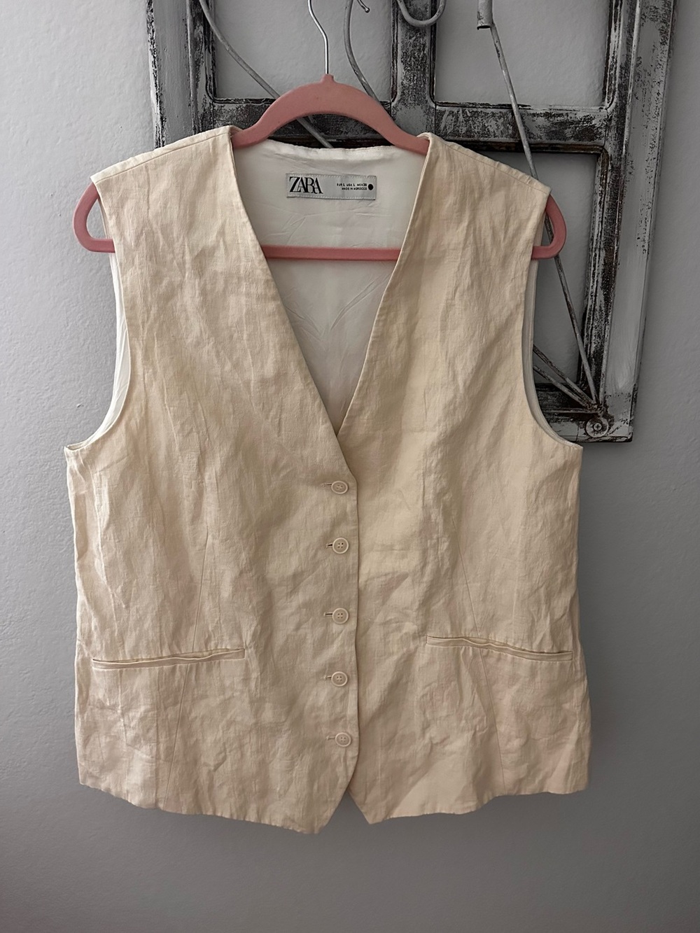 ZARA Cream Button-Front Linen-Blend Vest